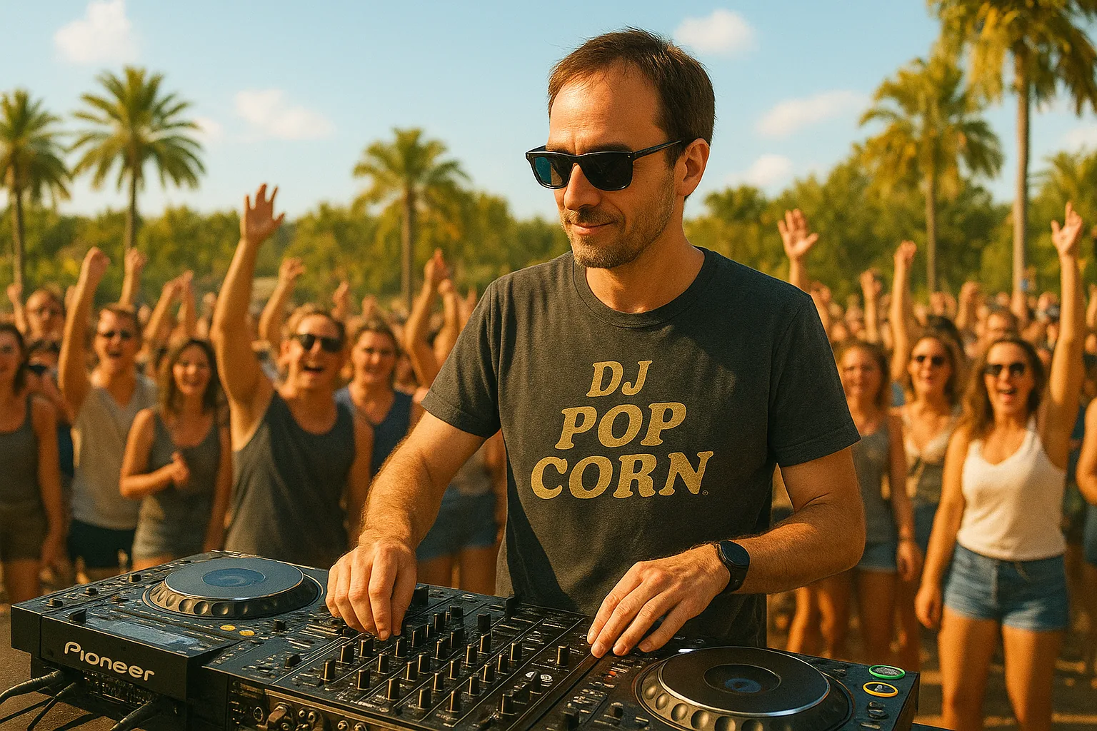 DJ PopCorn performing outdoors in daylight with a crowd and palm trees in the background.